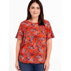 Primark Women's Orange Floral Blouse – Short Sleeve, Size 4